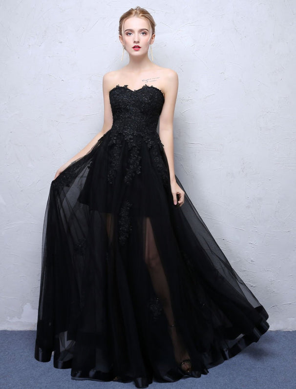 Strapless Black Prom Dresses Long Party with Lace Applique-Bridelily