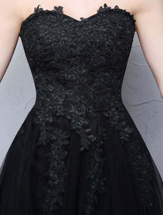 Black Prom Dresses Strapless Long Party Dress Lace Applique Sweetheart Illusion Formal Evening Dress