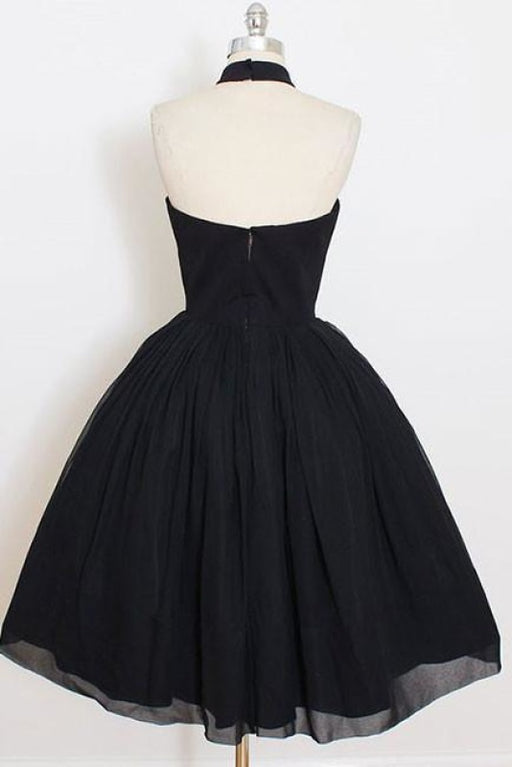 Black Sleeveless Homecoming Simple Halter Party Dresses Tea Length Graduation Dress - Prom Dresses