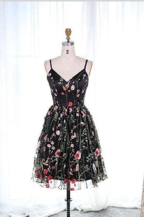 Black Spaghetti Straps Sleeveless Homecoming Dress with Lace Flowers Cute Prom Gown - Prom Dresses