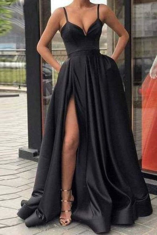 Black Spaghetti Straps Split Satin Prom A Line Simple Long Formal Dress - Prom Dresses