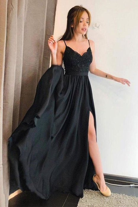 Black Spaghetti Straps V neck Prom Dress with Lace High Split Evening Gowns - Prom Dresses