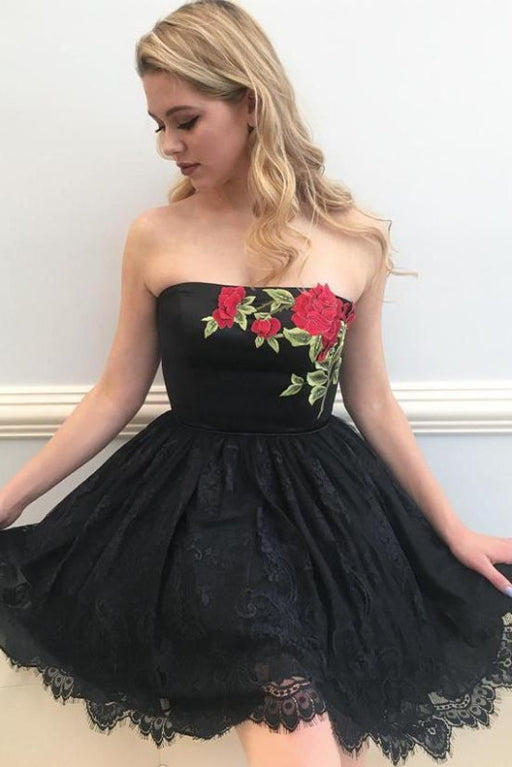 Black Strapless Lace Homecoming with Appliques Short A Line Prom Dress - Prom Dresses