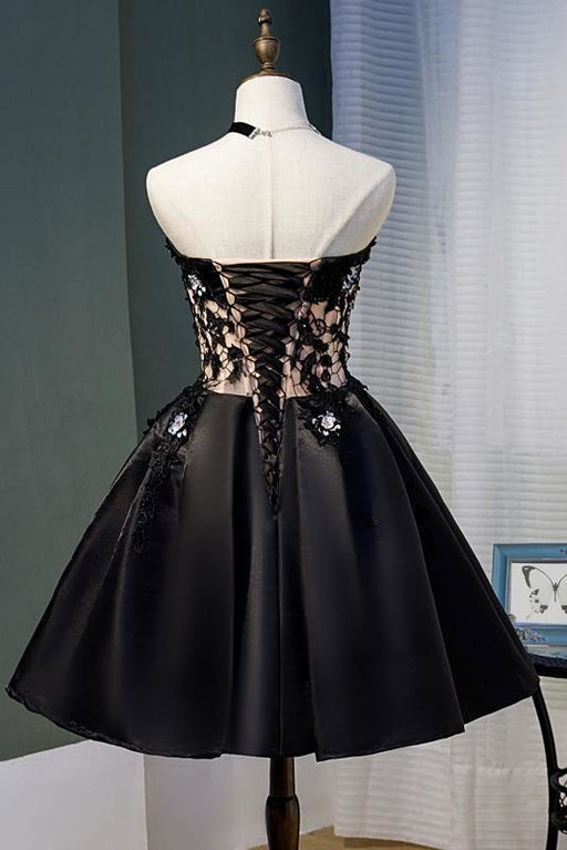 Black Strapless Satin Homecoming Lace Cheap Graduation Dress with Crystals - Prom Dresses