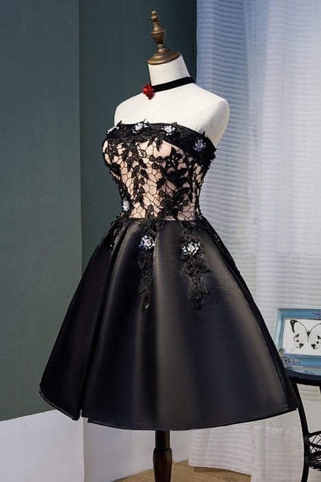 Black Strapless Satin Homecoming Lace Cheap Graduation Dress with Crystals - Prom Dresses