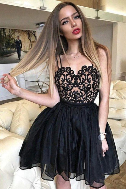 Black Straps Sweetheart Lace Appliques Short Homecoming Cheap Mini Cocktail Dress - Prom Dresses