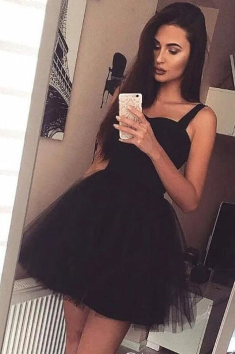 Straps Tulle Sweet 16 Short Black Prom Dresses Straps Tulle Sweet 16 Short Black Prom Dresses