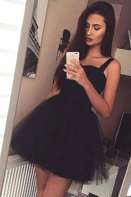 Black Straps Tulle Sweet 16 Dresses A Line Cute Sleeveless Mini Homecoming Dress - Prom Dresses
