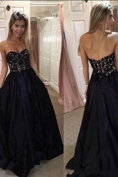 Black Sweetheart Prom with Lace A Line Strapless Long Graduation Dress - Prom Dresses