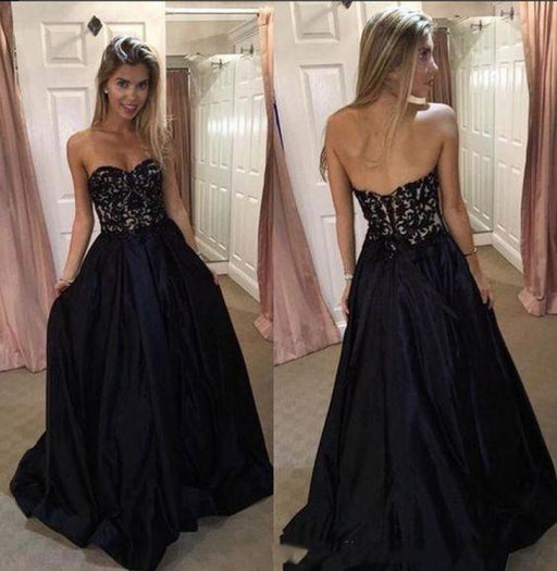 Black Sweetheart Prom with Lace A Line Strapless Long Graduation Dress - Prom Dresses