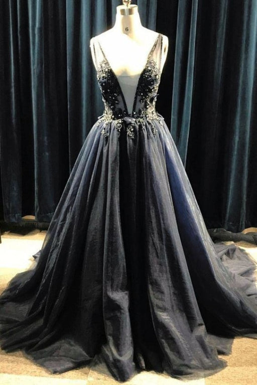 Black Tulle Deep V Neck Long Beaded Prom with Appliques Puffy Formal Dress - Prom Dresses