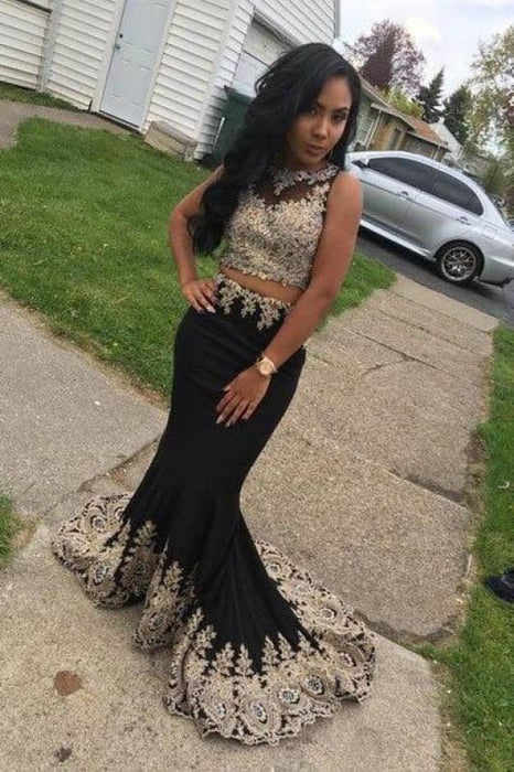 Black Two Piece Sleeveless Simple Long Prom Dresses Cheap - Bridelily Black Two Piece Sleeveless Simple Long Prom Dresses Cheap - Bridelily