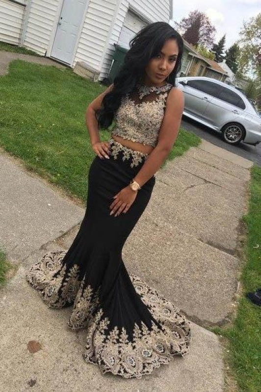 Black Two Piece Sleeveless Mermaid Long Prom Dresses with Lace Appliques - Prom Dresses