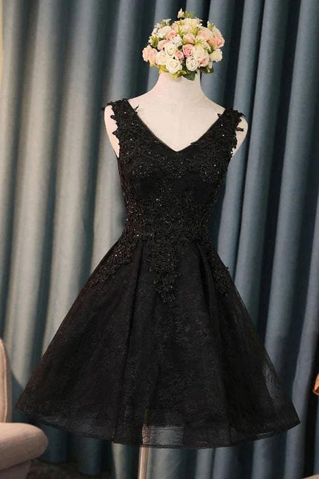 Petite V Neck Cute Short Black Formal Dresses 2025 - Bridelily Petite V Neck Cute Short Black Formal Dresses 2025 - Bridelily