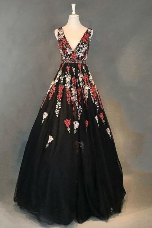 Black V Neck Long Prom A Line Tulle Sleeveless Appliqued Evening Dress - Prom Dresses