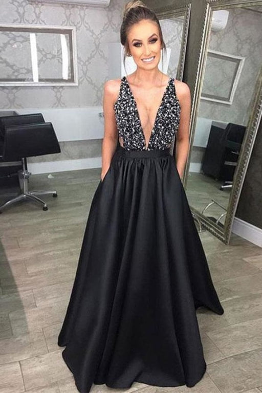 Black V Neck Prom Beading Sparkly A Line Satin Party Dress with Sheer Back - Prom Dresses