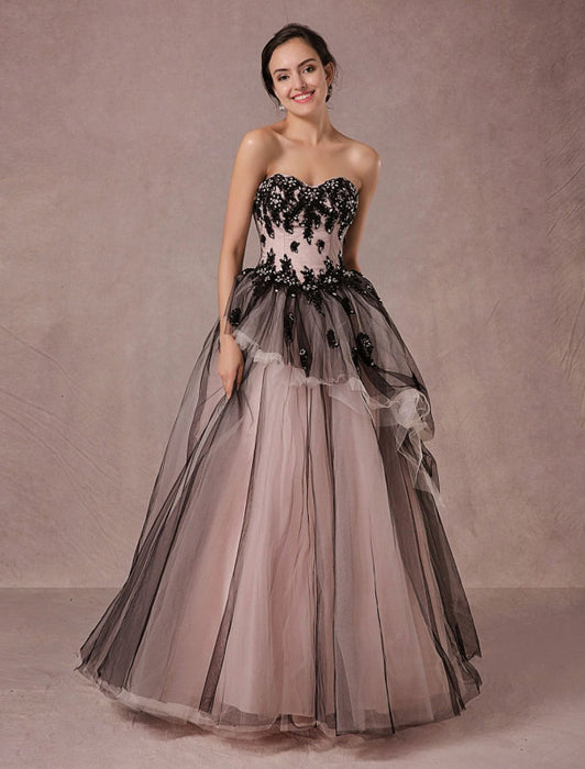 Black Wedding Dress Lace Tulle Chapel Train Bridal Gown Strapless Swee