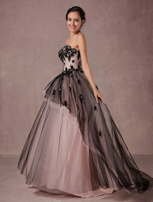 Black Wedding Dress Lace Tulle Chapel Train Bridal Gown Strapless Swee