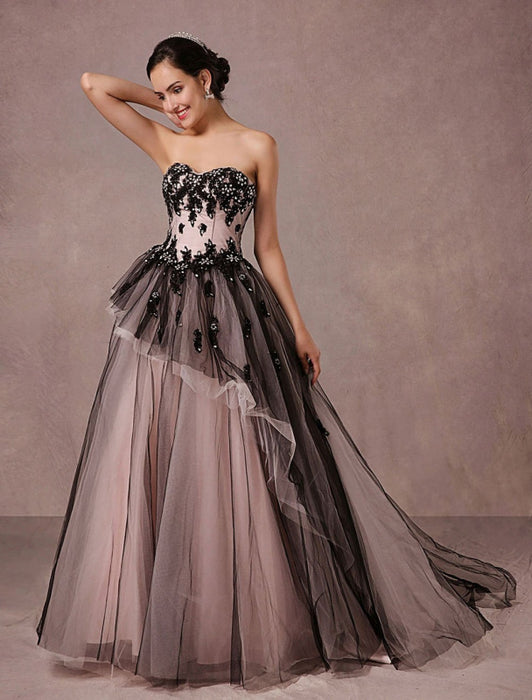 Black Lace Tulle A-Line Bridal Gown Strapless Chapel Train Black Lace Tulle A-Line Bridal Gown Strapless Chapel Train