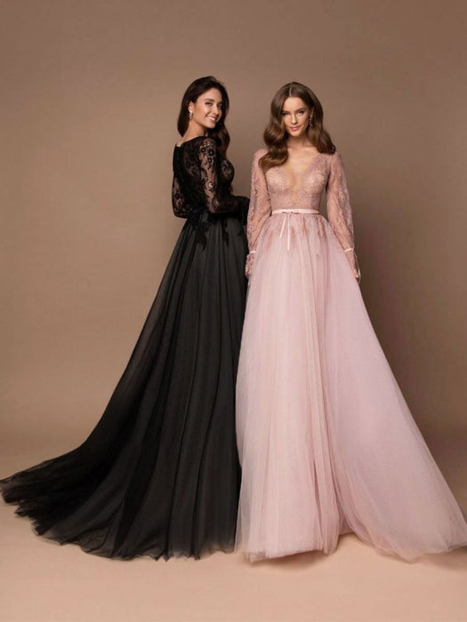 Black Wedding Dress A-Line Tulle Lace Bridal Gowns-Bridelily Black Wedding Dress A-Line Tulle Lace Bridal Gowns-Bridelily
