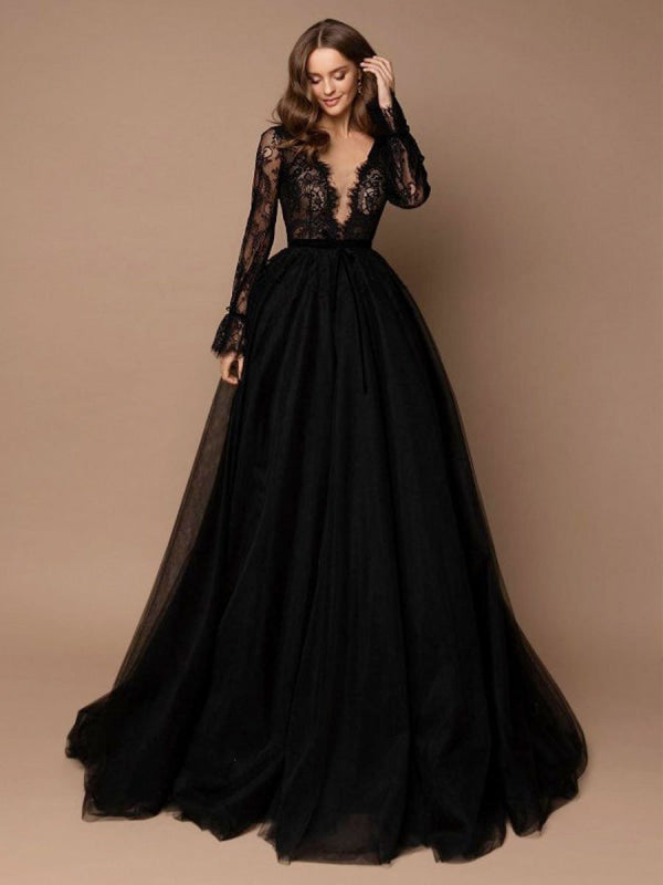 Black Wedding Dress A-Line Tulle Lace Bridal Gowns-Bridelily