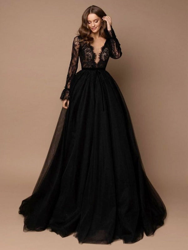 Black Wedding Dress With Train A-Line V-Neck Long Sleeves Lace Sweep T —  Bridelily
