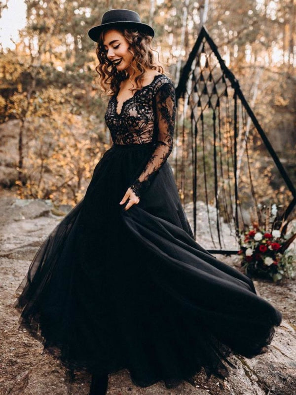 Black Wedding Dresses A-Line Designed Neckline Long Sleeves