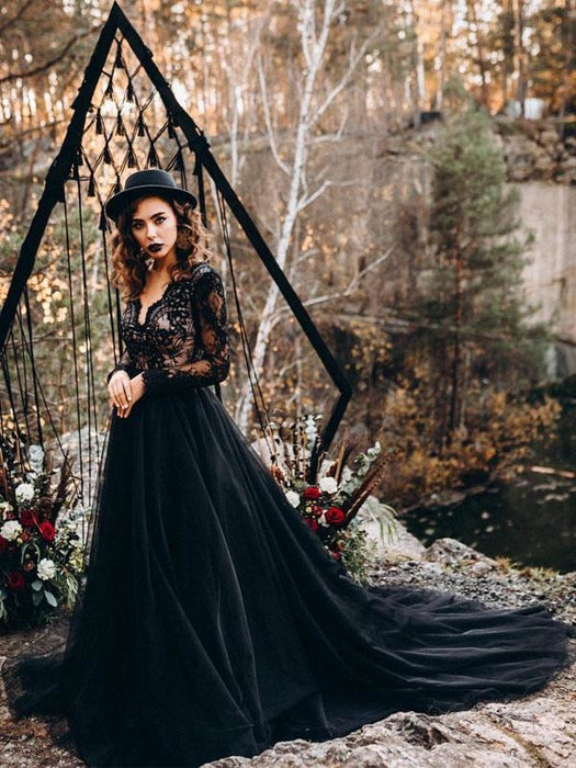 Black Wedding Dresses A-Line Designed Neckline Long Sleeves Natural Waistline Tulle Lace Sweep Bridal Gown