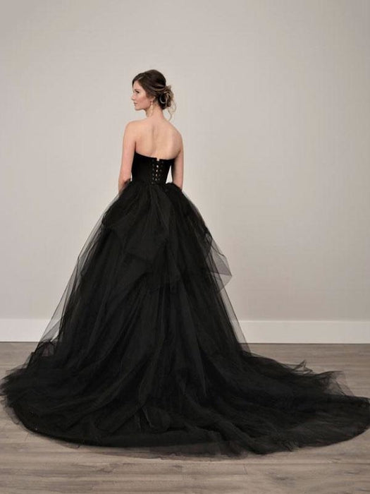 Black Wedding Dresses A-Line Strapless Pleated Taffeta Tulle Chapel Train Bridal Dress
