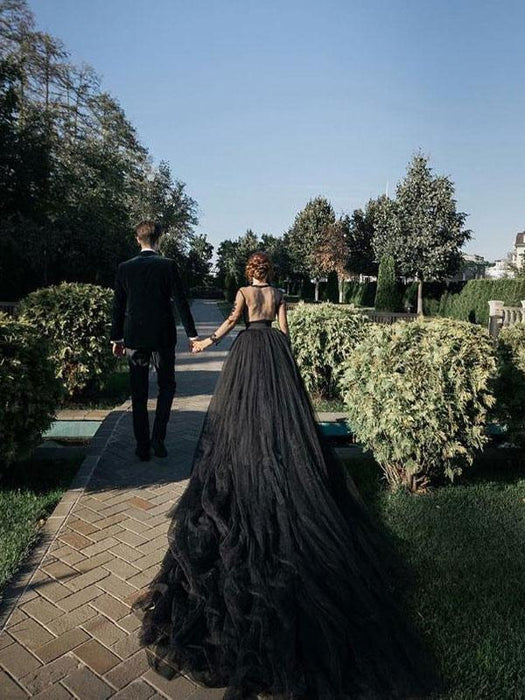 Black Wedding Dresses Tulle A-Line V-neck Long Sleeves Backless Natural Waist Lace Royal Train Bridal Gown