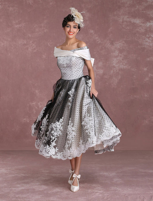 short black wedding dresses Black Wedding Dresses Vintage Polka Dot Print Bridal Dress-Bridelily