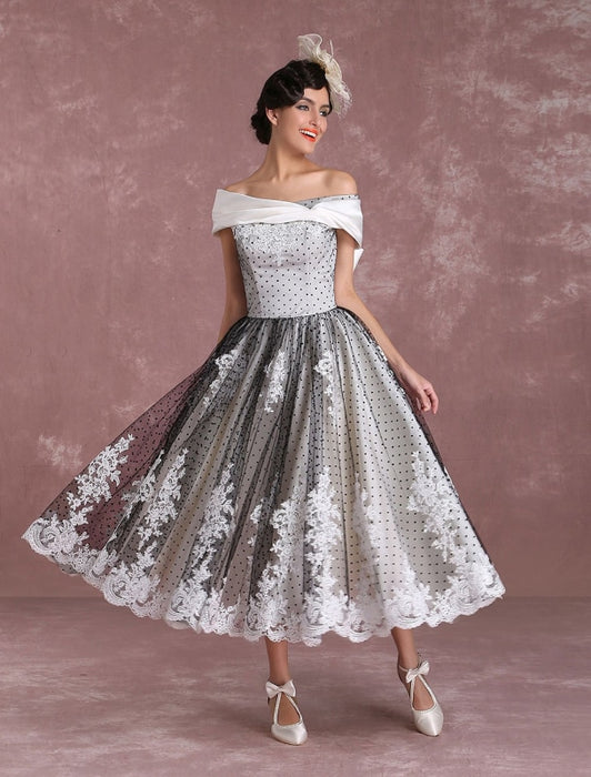 Black Wedding Dresses Vintage Short Bridal Gown Lace Off The Shoulder Polka Dot Print Bridal Dress With Bow At Back misshow
