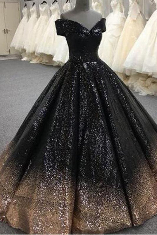 Bling Sequins Black Ball Simple Long Prom Dresses Cheap - Bridelily Bling Sequins Black Ball Simple Long Prom Dresses Cheap - Bridelily