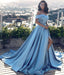Blue A-line Off-the-shoulder Satin Ruched Split Sweep Train Prom Gown - Prom Dresses