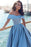 Blue A-line Off-the-shoulder Satin Ruched Split Sweep Train Prom Gown - Prom Dresses