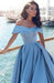 Blue A-line Off-the-shoulder Satin Ruched Split Sweep Train Prom Gown - Prom Dresses