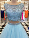 Blue A Line Round Neck Two Pieces Beading Tulle Long Prom Dresses, Two Pieces Blue Formal Dresses, Blue Evening Dresses