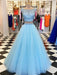 Blue A Line Round Neck Two Pieces Beading Tulle Long Prom Dresses, Two Pieces Blue Formal Dresses, Blue Evening Dresses