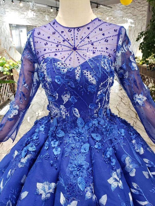 Blue Ball Gown Floral Prom with Sleeves Appliqued Long Quinceanera Dress - Prom Dresses