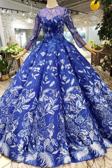 Blue Ball Gown Floral White Long Sleeve Prom Dress - Bridelily Blue Ball Gown Floral White Long Sleeve Prom Dress - Bridelily