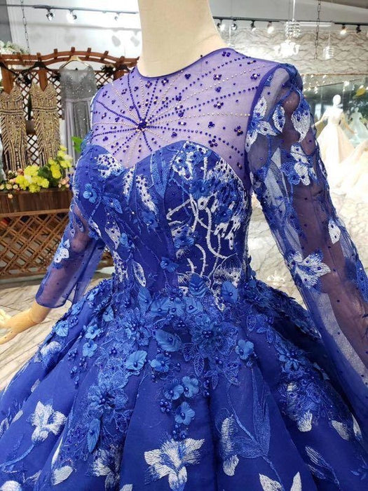 Blue Ball Gown Floral Prom with Sleeves Appliqued Long Quinceanera Dress - Prom Dresses