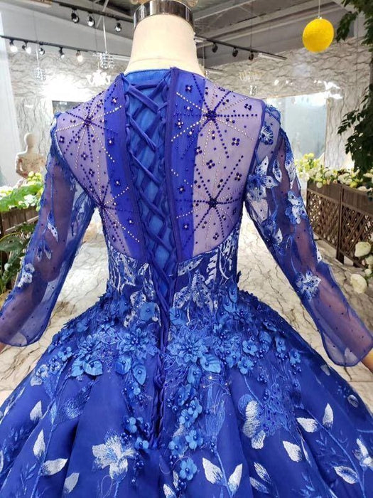 Blue Ball Gown Floral White Long Sleeve Prom Dress - Bridelily Blue Ball Gown Floral White Long Sleeve Prom Dress - Bridelily