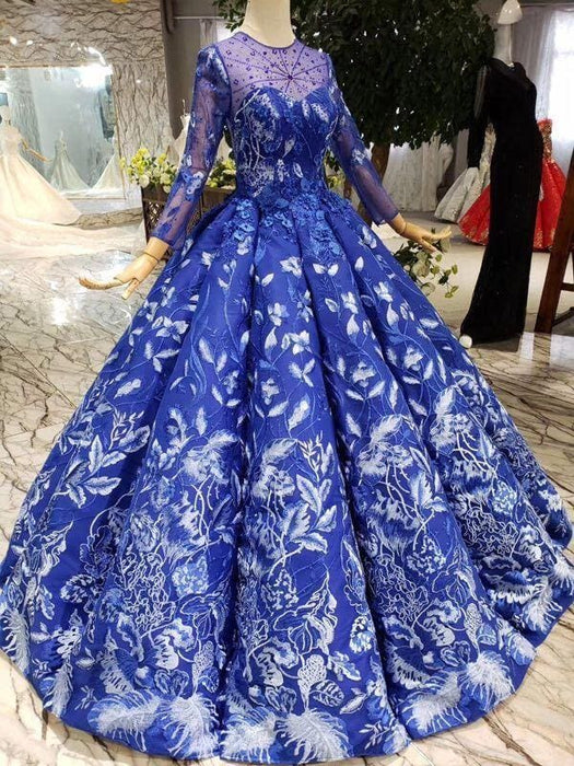 Blue Ball Gown Floral White Long Sleeve Prom Dress