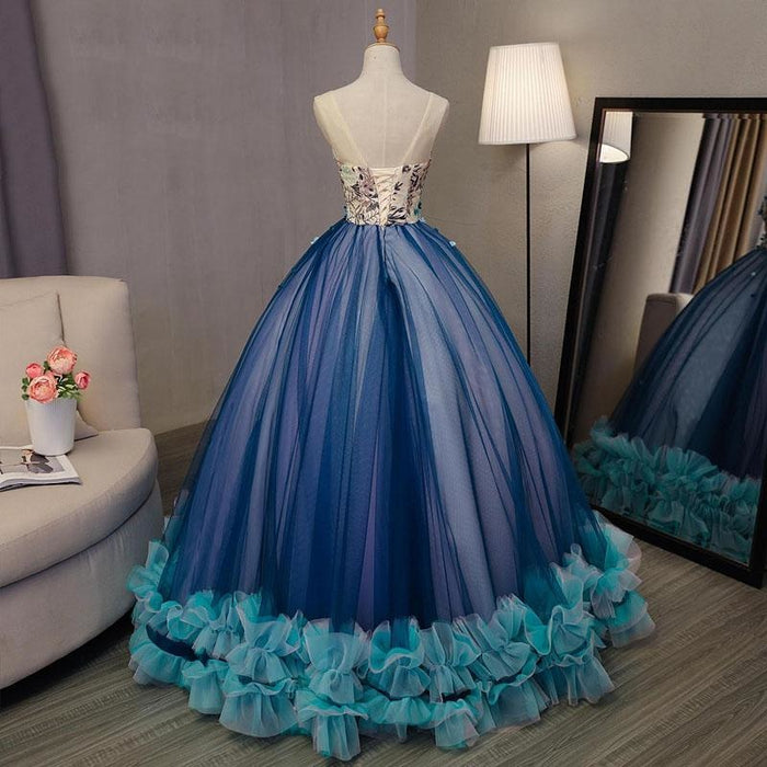 Blue Ball Gown V Neck Sleeveless Appliqued Tulle Prom Dress Hot Quinceanera Dresses - Prom Dresses