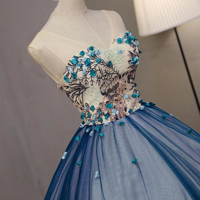 Blue Ball Gown V Neck Sleeveless Appliqued Tulle Prom Dress Hot Quinceanera Dresses - Prom Dresses