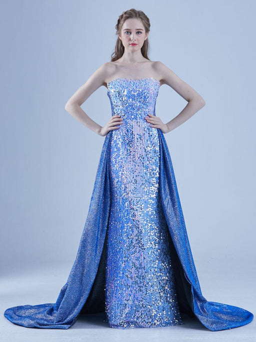 Blue Evening Dress A-Line Strapless Sweep Lace-up Sequined Social Long Party Dresses
