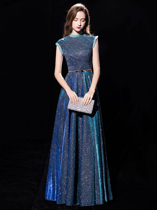 Blue Evening Dress Ball Gown Jewel Neck Sequined Floor-Length Sash Formal Party Dresses