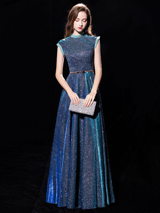 Blue Evening Dress Ball Gown Jewel Neck Sequined Floor-Length Sash Formal Party Dresses