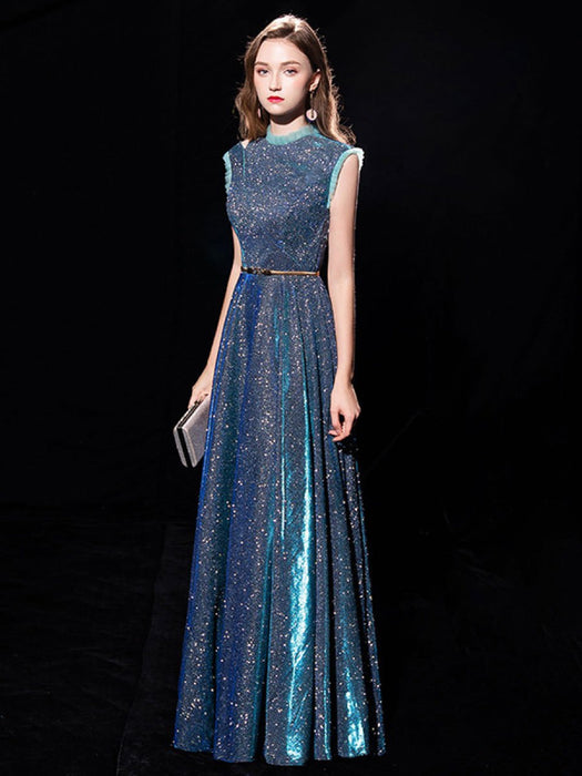 Blue Evening Dress Ball Gown Jewel Neck Sequined Floor-Length Sash Formal Party Dresses