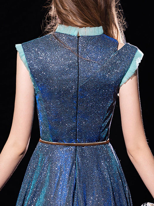 Blue Evening Dress Ball Gown Jewel Neck Sequined Floor-Length Sash Formal Party Dresses